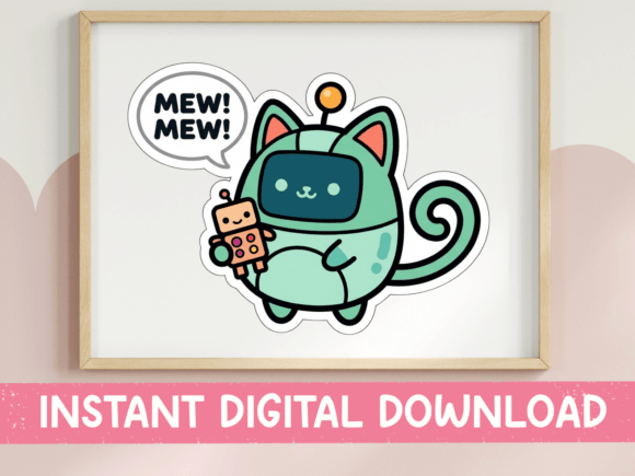 Kawaii Robot Cat Mew Sticker: Cute Tech Graphics for T-Shirt Designs